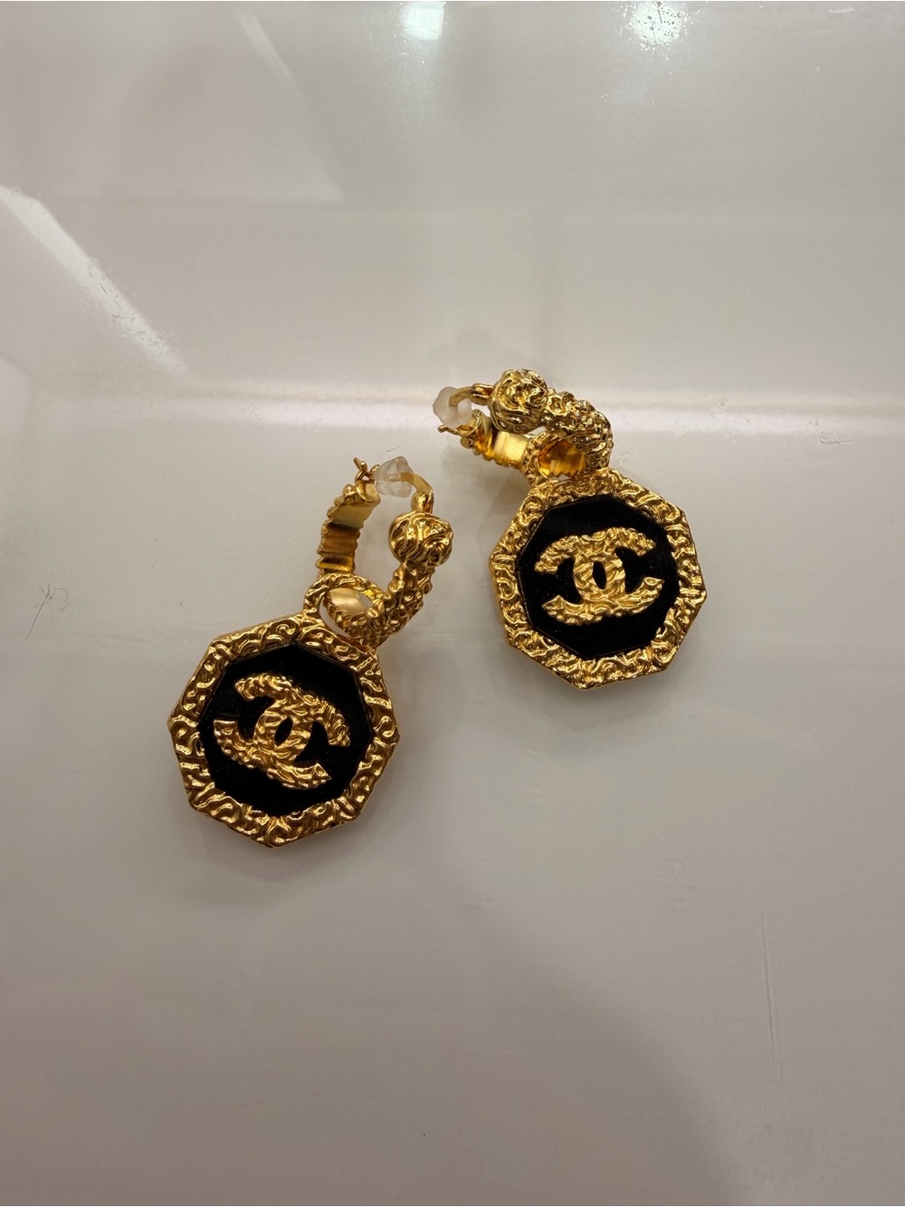 CHANEL Gold and Black Octagonal CC Drop Earrings